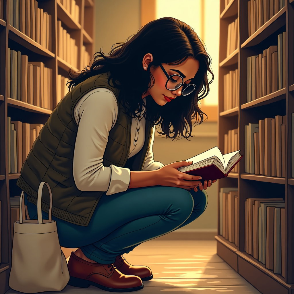 Bookstore Browse: One visible person crouched beside the lower shelves of a cramped used bookstore, seen in candid side profile while drawing a faded…