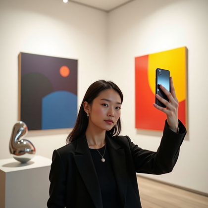 Photorealistic smartphone selfie photo inside a contemporary art museum, framed between two large color-field canvases on a pristine white wall. Track lighting washes the exhibits while a soft key from above illuminates the face, producing gentle shadow falloff that keeps the face clear. A polished chrome sculpture in the foreground creates a tasteful secondary reflection of the subject and phone, adding layered depth and a subtle visual echo. The phone is positioned slightly lower and off-center to ensure the face remains fully visible, with a composed expression and eyes engaged with the viewer. Minimalist, intellectual styling—tailored monochrome layers and clean accessories—complements the gallery aesthetic, preserving negative space and applying the rule of thirds to place the subject just inside the center frame.