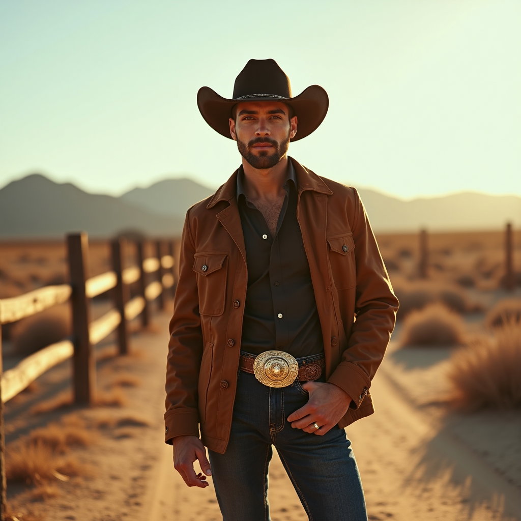 AI-generated photo: Fashion portrait photography, an ultra-editorial hero cowboy portrait created in a desert ranch sett...