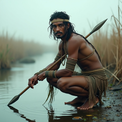 AI-generated photo: Photorealistic editorial portrait at a fog-blanketed tidal marsh, the subject perched in a poised hu...