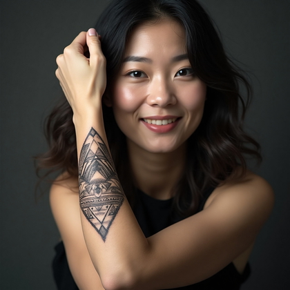 AI-generated photo: Photorealistic photography of a woman displaying a striking geometric wrist tattoo composed of inter...