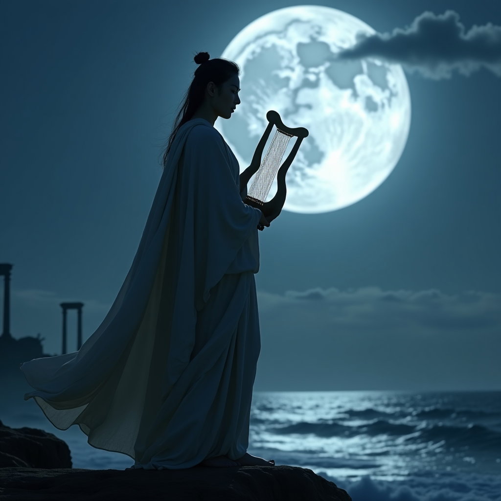 Solo Orpheus Moonlit Poet-Hero Portrait example: Cinematic mythological portrait photography. Full-body portrait on a moonlit sea cliff, standing in a heroic pose with a