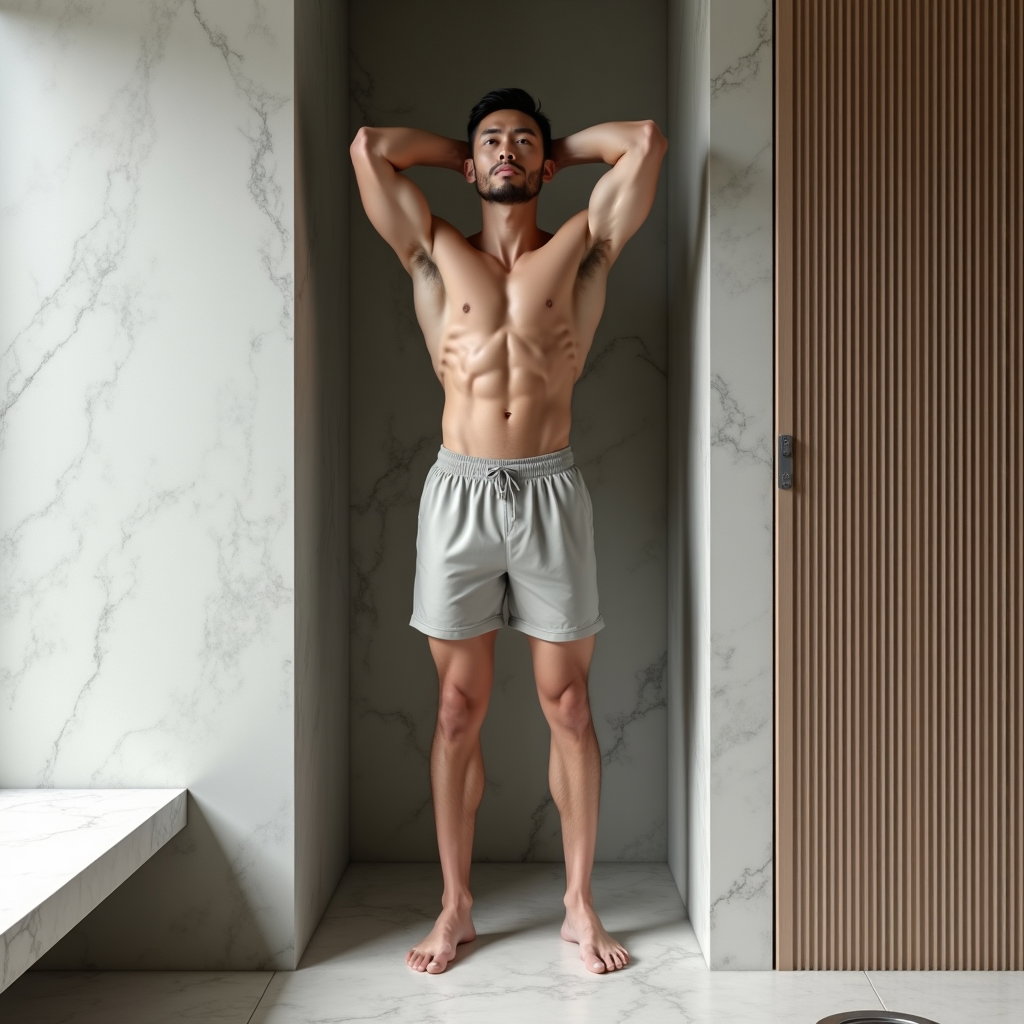 AI-generated photo: Photorealistic fashion fitness photography in a spa-modern nook featuring a ribbed concrete partitio...