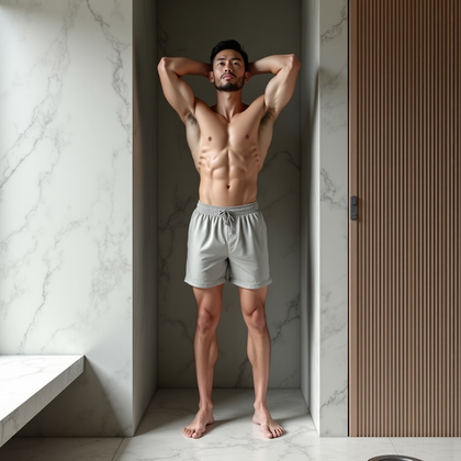 AI-generated photo: Photorealistic fashion fitness photography in a spa-modern nook featuring a ribbed concrete partitio...