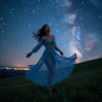 AI-generated photo: Photorealistic portrait photography. In a grassy hill under a clear, star-filled sky, a person perfo...