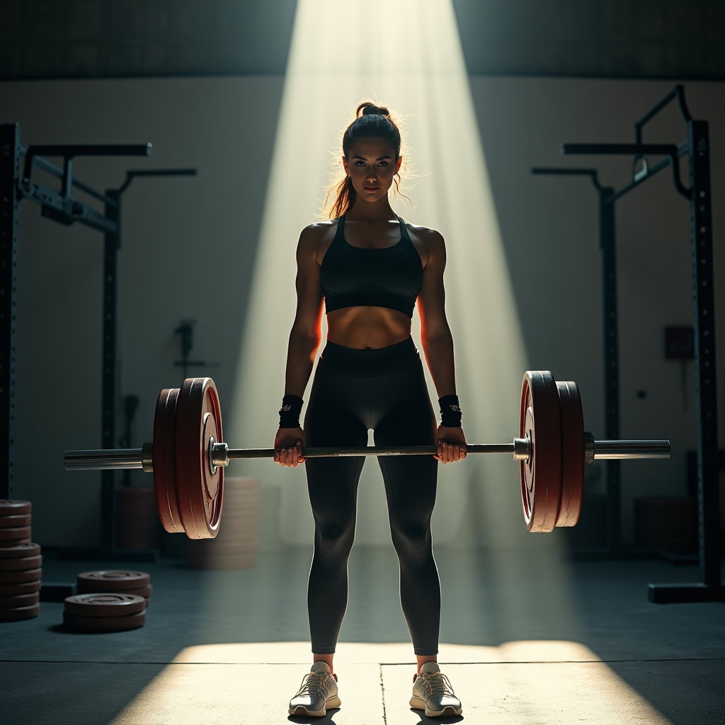 AI-generated photo: Photorealistic gym photography; industrial powerlifting gym with raw steel racks, rubber flooring, a...