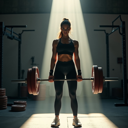 AI-generated photo: Photorealistic gym photography; industrial powerlifting gym with raw steel racks, rubber flooring, a...