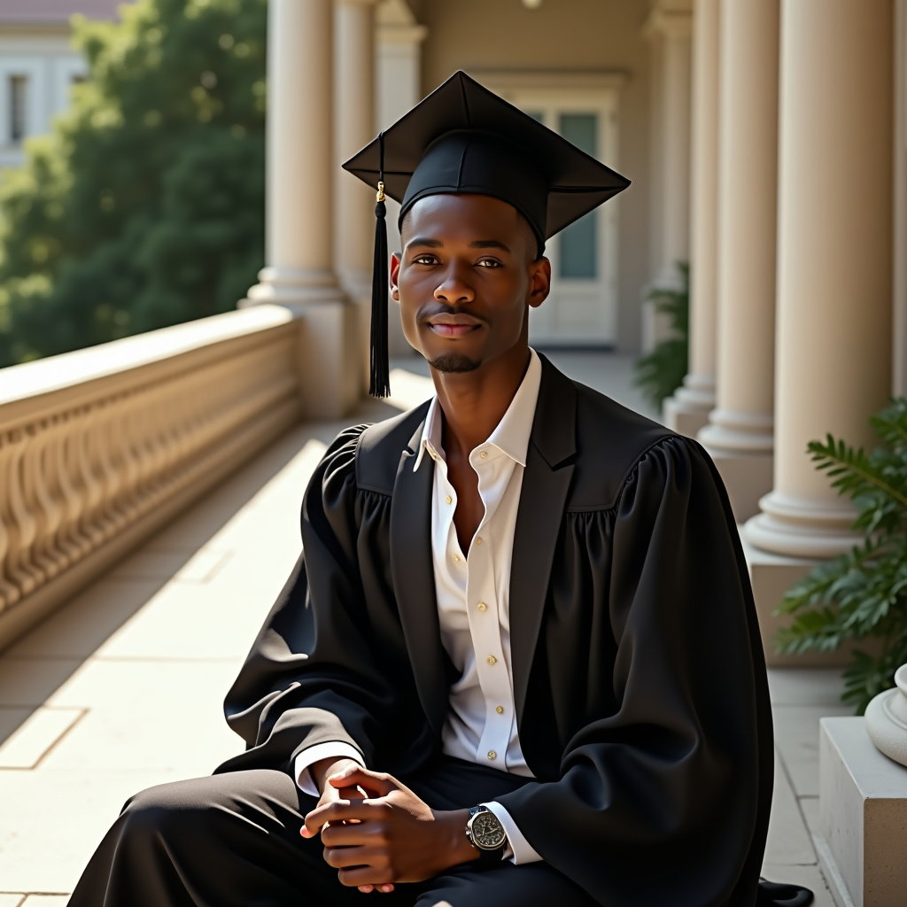 AI-generated photo: High-fashion portrait photography, a seated graduation image set on an elegant outdoor terrace overl...