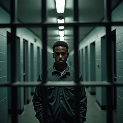 AI-generated photo: Photorealistic prison photography. The viewer looks through sharply focused metal prison bars at a p...