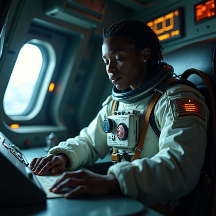 AI-generated photo: Photorealistic cinematic space survival photography. A tight close-up in a moon base control alcove ...