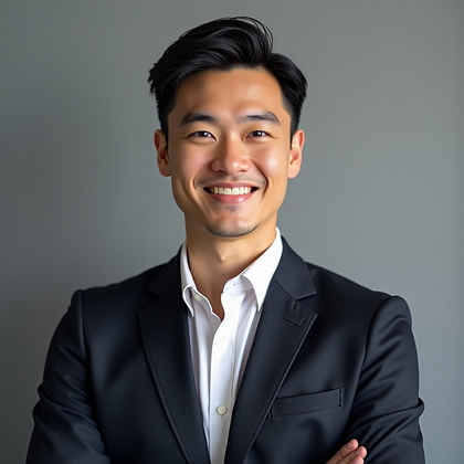 Photorealistic professional headshot photo of a confident subject in a tailored blazer against a matte neutral-gray backdrop, composed chest-up with shoulders angled and chin slightly lifted, direct eye contact, soft clamshell beauty lighting with subtle rim light separating from background, pristine studio polish with gentle falloff and clean, natural color grading for an impeccable, executive-ready portrait.