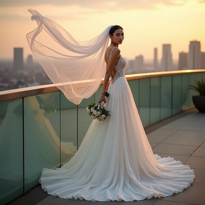 AI-generated photo: Photorealistic wedding photography on a city rooftop at sunset, executed with a fashion-forward vibe...
