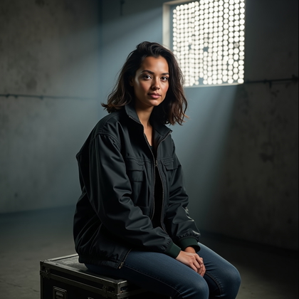 AI-generated photo: Photorealistic studio portrait in an industrial set with a perforated metal gobo (hexagonal honeycom...