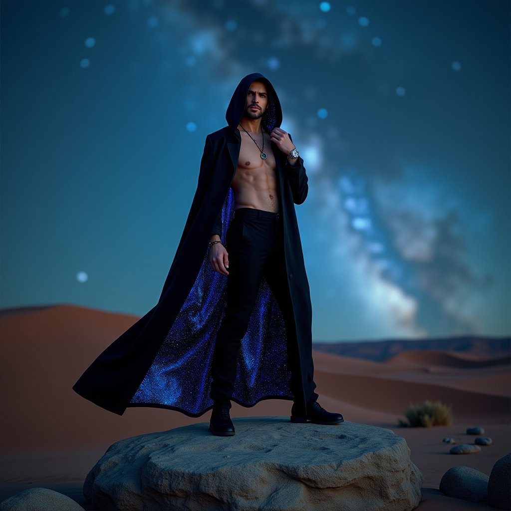 AI-generated photo: Photorealistic portrait photography. A full-body astro glamour portrait set in an outdoor desert-lik...