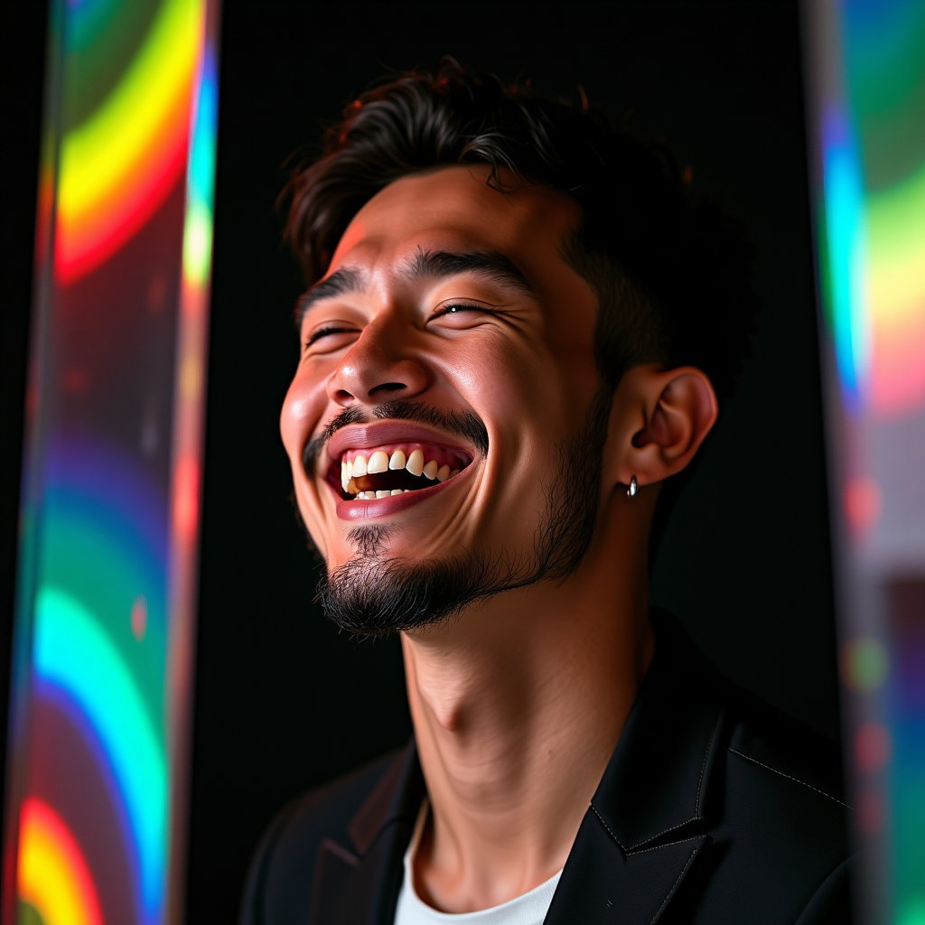 Queer Joy Laughing Portraits example: Photorealistic creative prism portrait photography. An unexpected laughing portrait using translucent rainbow acrylic pa