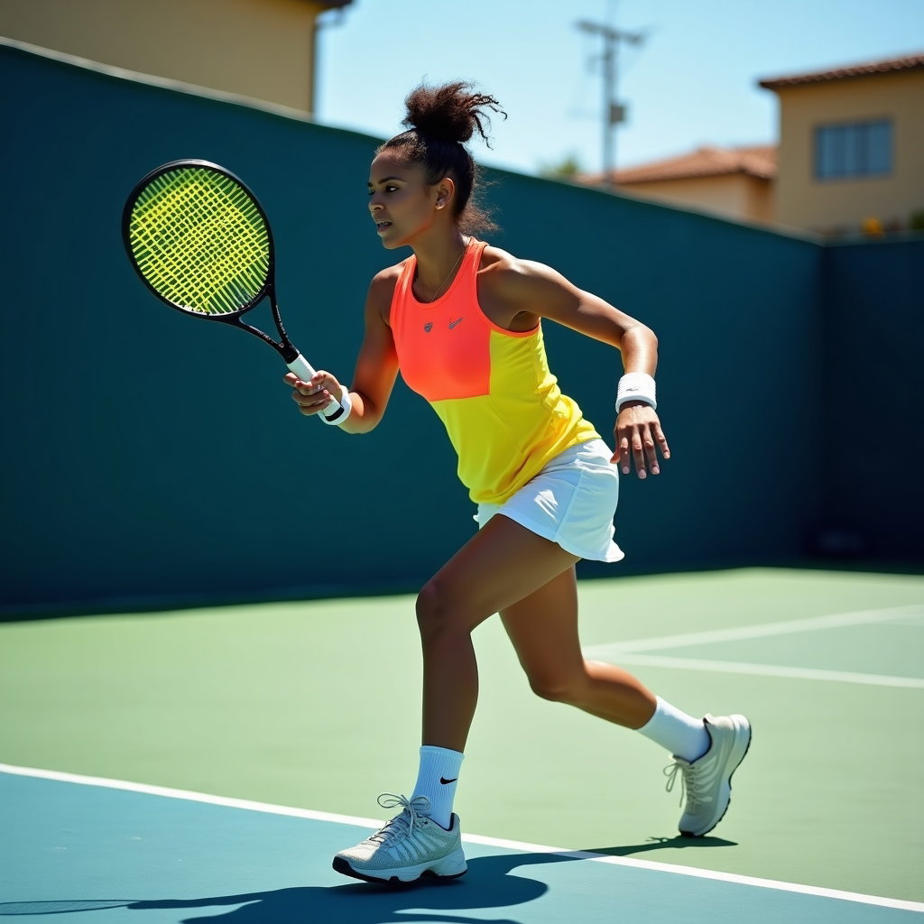 Action Serve and Backhand Tennis Portraits example: Photorealistic tenniscore portrait photography. Dynamic motion-action backhand portrait from a low sideline angle, with