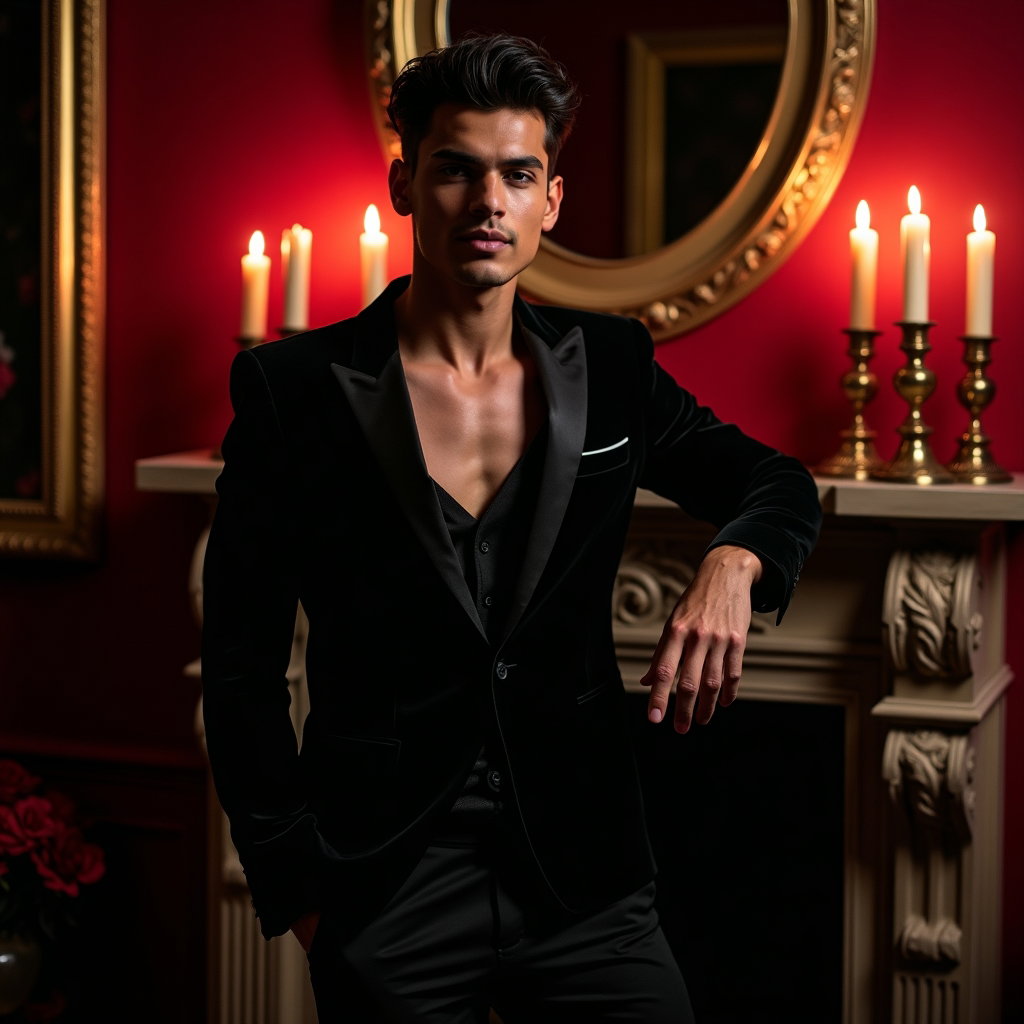 Candlelit Velvet Close-Up example: Dating profile photo, editorial hero image with the subject centered in a dramatic candlelit velvet room, leaning agains