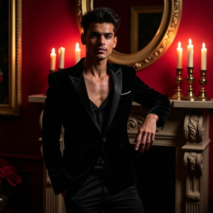 Candlelit Velvet Close-Up example: Dating profile photo, editorial hero image with the subject centered in a dramatic candlelit velvet room, leaning agains