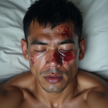 AI-generated photo: Photorealistic professional close-up photograph capturing the raw aftermath of a UFC fighter's inten...