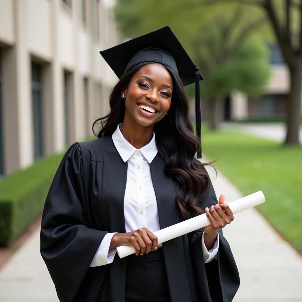 AI-generated photo: Professional fashion portrait photography, joyful graduation portrait with a bright genuine smile, a...