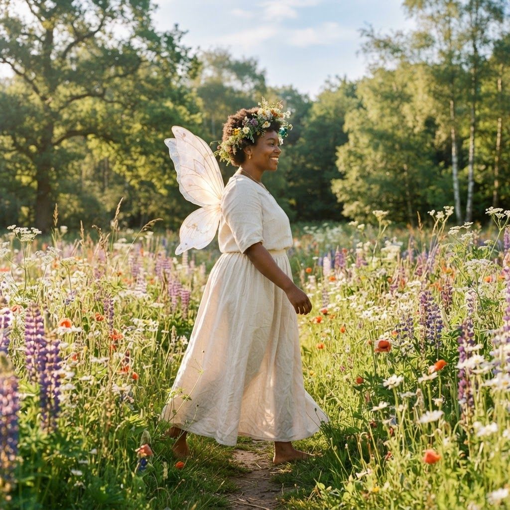 Woodland Fairy Among Wildflowers: Full-length personal photo at the edge of a woodland wildflower meadow.