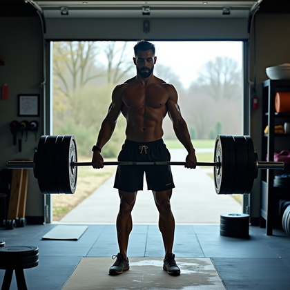 AI-generated photo: Photorealistic fitness photography inside a tidy garage gym with a half-open roll-up door letting in...