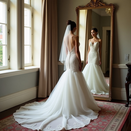 AI-generated photo: Photorealistic wedding photography in a boutique hotel suite with tall windows and an antique mirror...
