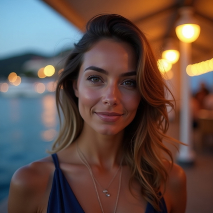 Elegant Waterfront Evening Portraits example: Photorealistic portrait photography. Close-up evening portrait on a Riviera marina promenade, the face clearly visible w