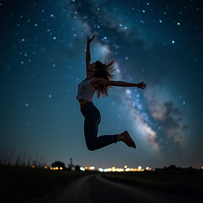 AI-generated photo: Photorealistic portrait photography. Dynamic astro-portrait of a person captured mid-jump at night u...