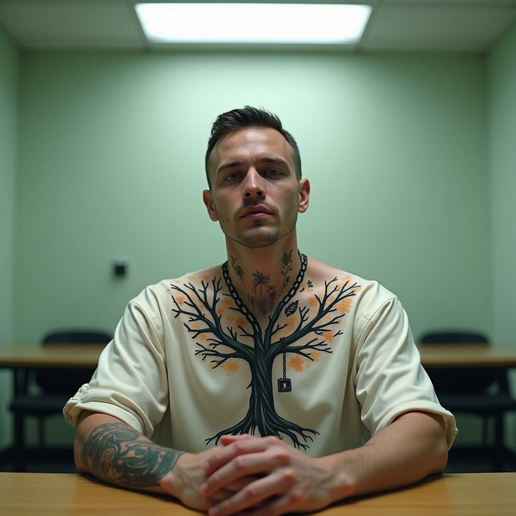 AI-generated photo: Photorealistic prison portrait photograph taken in a quiet interview room, the person seated at a pl...