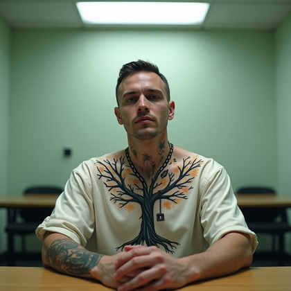 AI-generated photo: Photorealistic prison portrait photograph taken in a quiet interview room, the person seated at a pl...