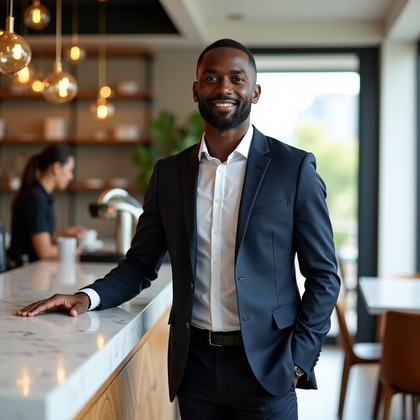 LinkedIn photo inside a corporate café, positioned near a quartz counter with matte herringbone tile and brass pendant globes rendered in smooth bokeh, torso angled toward camera with one hand lightly resting on the counter edge and the other relaxed at the side, styled in a tailored suit or smart separates for a polished but approachable feel. Daylight from a large window provides a soft key balanced by subtle ambient warmth from the fixtures, keeping the face clearly illuminated with clean catchlights and the environment signaling an upscale workplace.