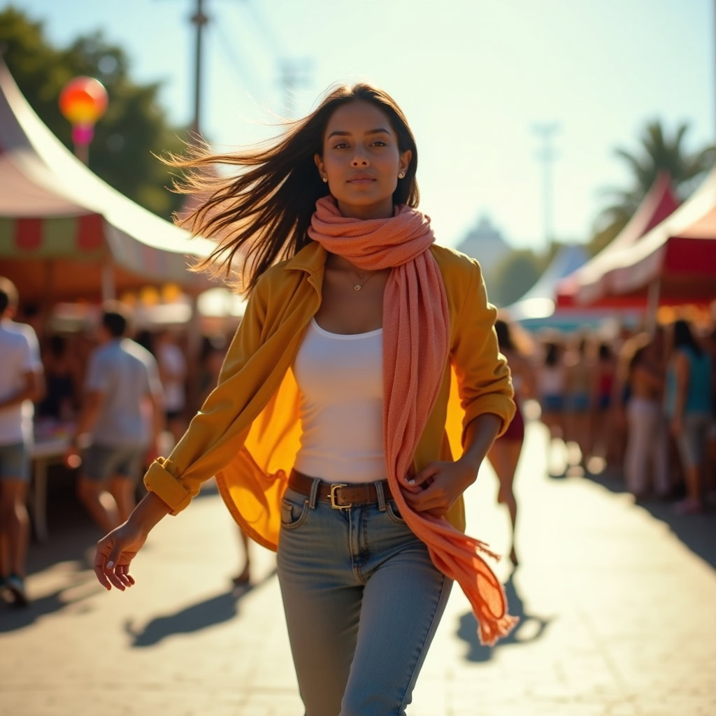 Clean Background Portrait That Doesn’t Get Lost example: Photorealistic festival portrait photography, motion/action portrait with the subject mid-step on a clean walkway, face