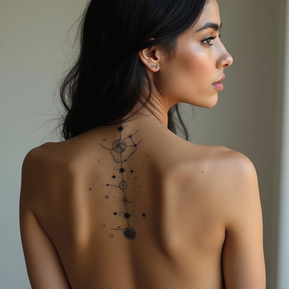 AI-generated photo: Photorealistic photography of a woman featuring a minimalist back tattoo composed of delicate linewo...