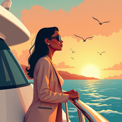 AI-generated photo: Cel-shaded key art illustration — sunrise yacht-deck portrait with the tropical skyline in silhouett...