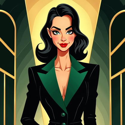 AI-generated photo: Art Deco caricature poster illustration — fashion-forward editorial vibe with stepped geometric pane...