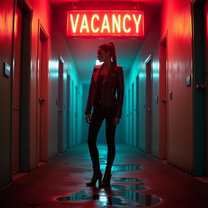 Neon Motel Hallway Survivor Portrait example: Cinematic horror portrait photo. Editorial hero image of the subject framed beneath a glowing “VACANCY” sign at the end