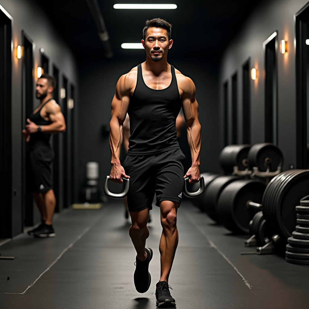 AI-generated photo: Photorealistic fitness photography of a farmer’s carry in a boutique gym with matte black walls and ...