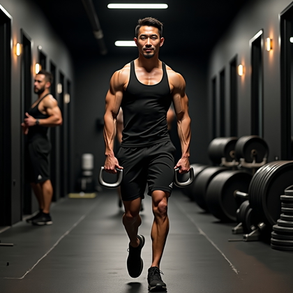 AI-generated photo: Photorealistic fitness photography of a farmer’s carry in a boutique gym with matte black walls and ...