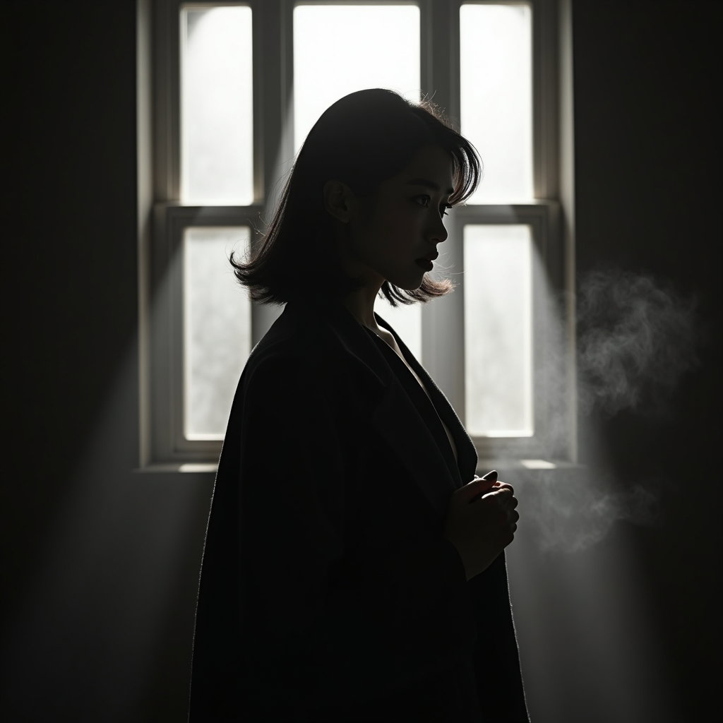 AI-generated photo: Photorealistic studio portrait styled like a 1940s detective scene, with an Art Deco window gobo cas...