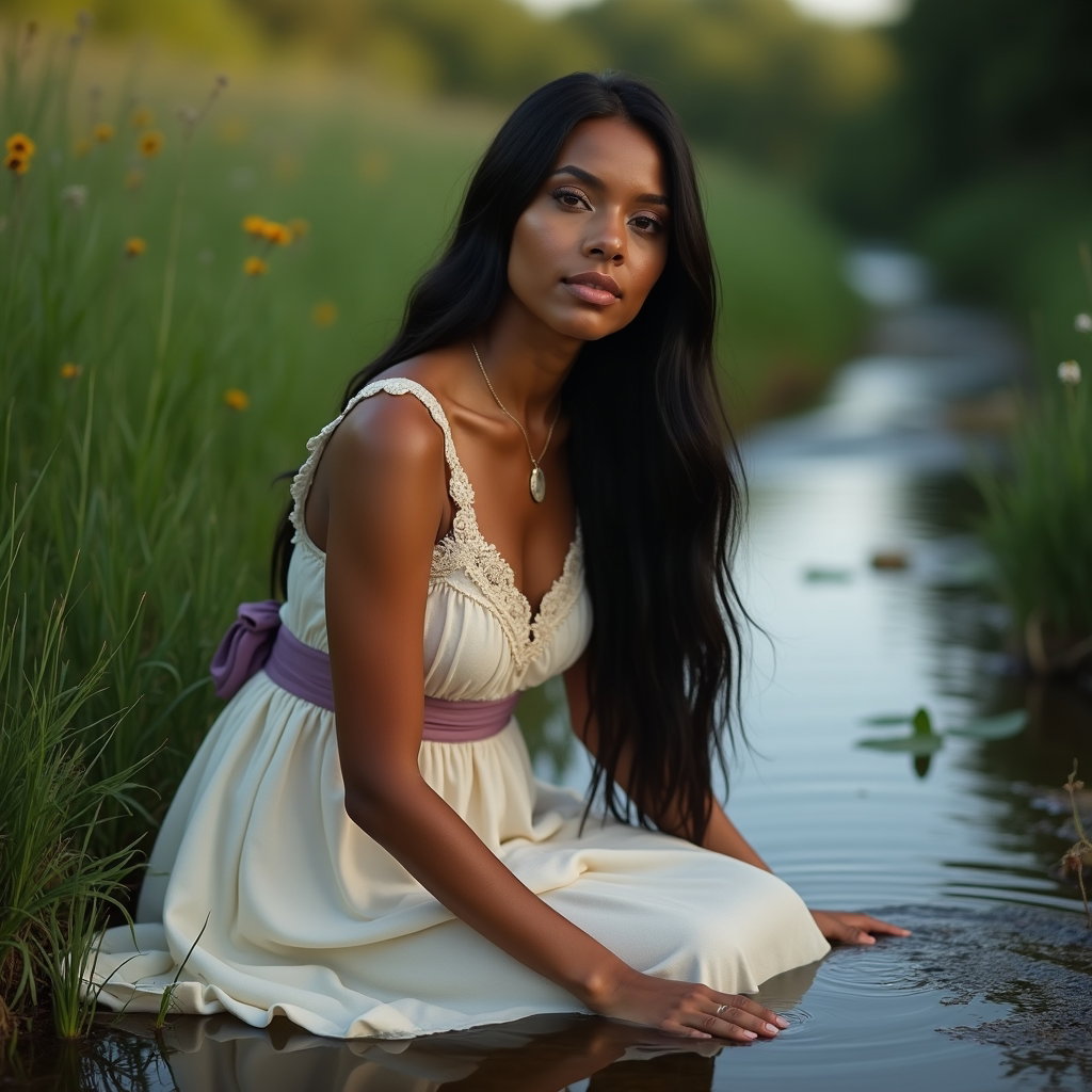 Reflet au bord du ruisseau : portrait personnel paisible en début de soirée d’une seule personne visible, assise très bas à côté d’un ruisseau clair dans une alcôve verte abritée, avant que la lumière…