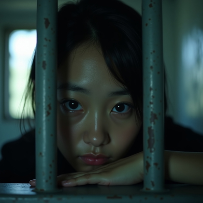 AI-generated photo: Photorealistic prison cell close-up, the subject sitting on a narrow metal bunk, leaning slightly fo...