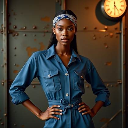 AI-generated photo: Photorealistic vintage fashion studio photography: industrial set with riveted steel panels and a fa...