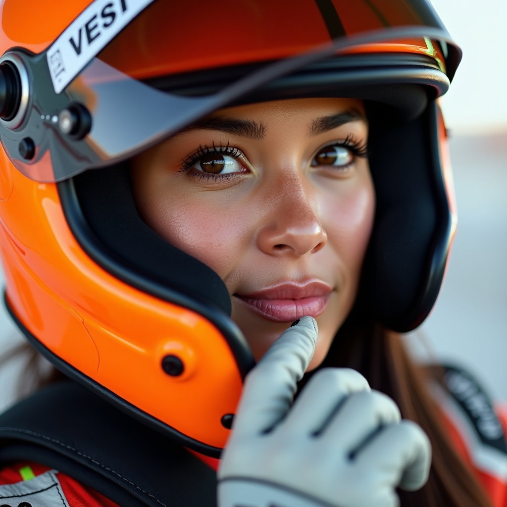 Post-Session Helmet-in-Hand Portrait example: Photorealistic motorsport portrait photography. Profile-avatar style crop with the driver framed from the shoulders up,