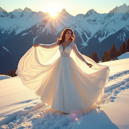 AI-generated photo: Photorealistic wedding photography — alpine snowfield at golden hour on a windswept ridge, powder sp...