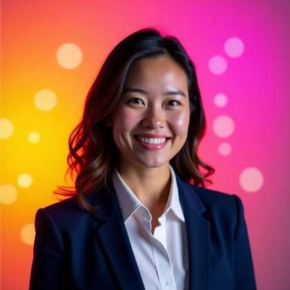 AI-generated photo: Professional headshot: vibrant gradient backdrop shifting from neon magenta to tangerine with soft c...