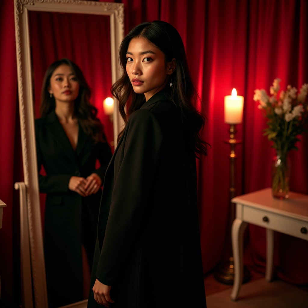 Mirror Vanity Glance Portrait example: Dating profile photo. Full-body vanity room portrait with the subject standing beside a tall floor mirror, face clearly