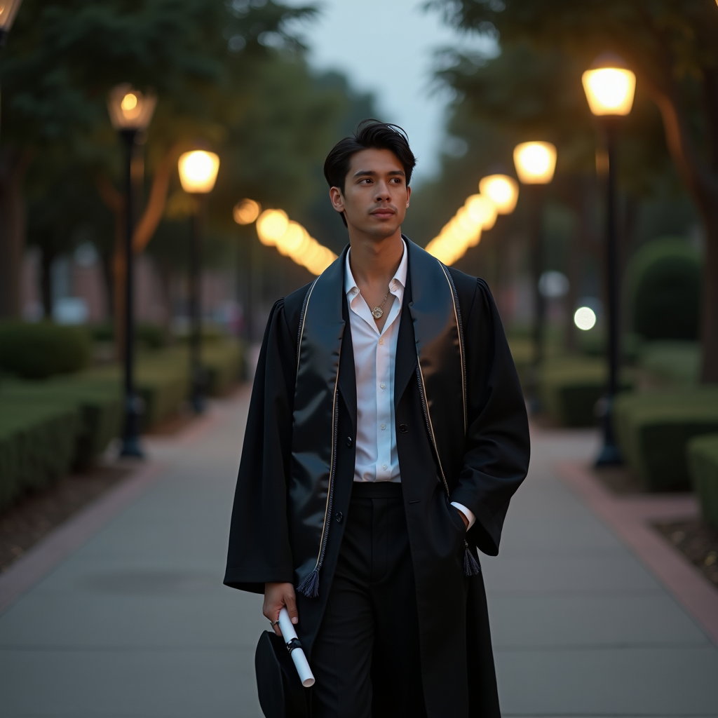 AI-generated photo: Fashion portrait photography, a cinematic twilight graduation portrait on a campus walkway lined wit...