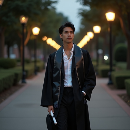 AI-generated photo: Fashion portrait photography, a cinematic twilight graduation portrait on a campus walkway lined wit...