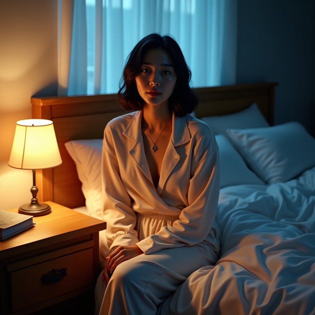 Dreamy Bedroom Pop Album Cover Photos example: Photorealistic bedroom pop album cover photo. Half-body portrait of the subject seated beside a clutter-free nightstand,